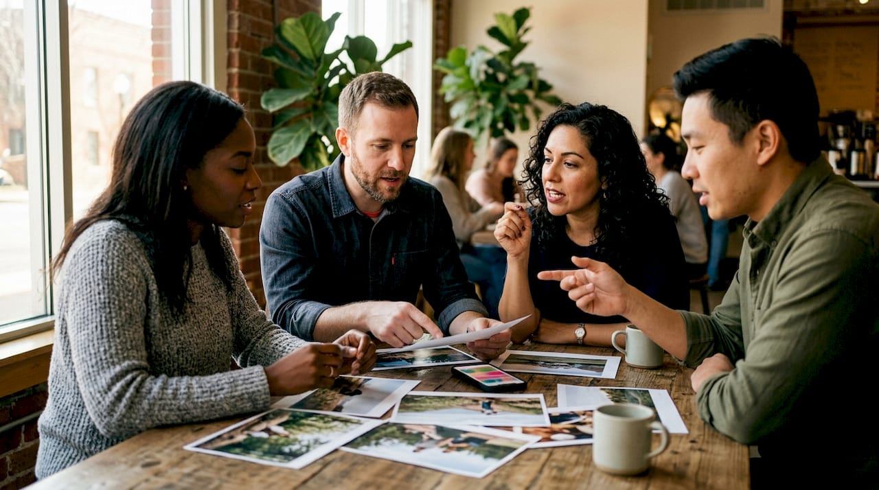 Team reviewing brand photography samples