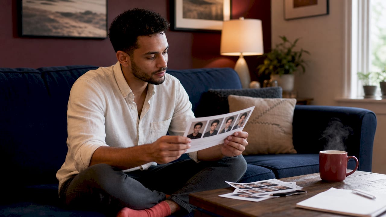 Man reviewing printed headshots at desk