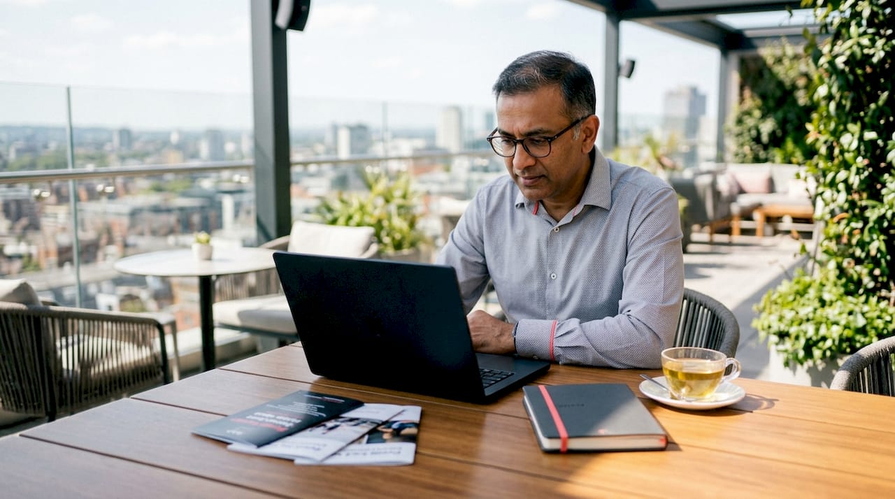Event planner reviewing highlight photos on laptop