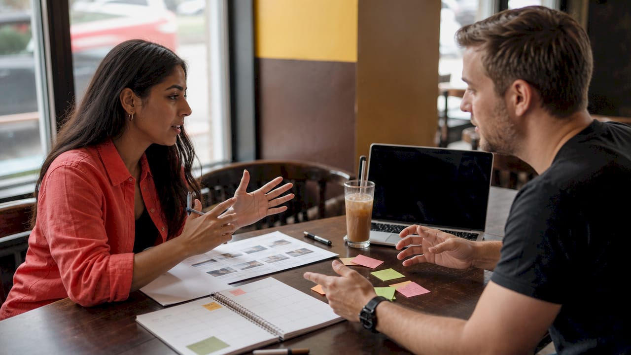 Hands reviewing a business photoshoot plan at desk