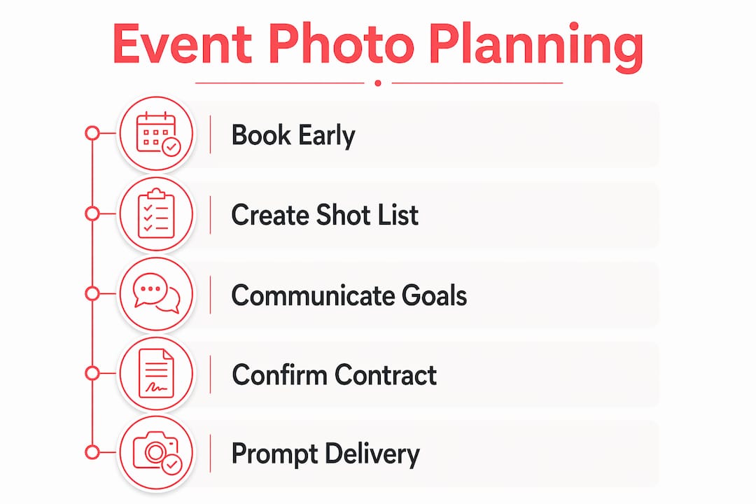 Infographic illustrating steps for planning event photography