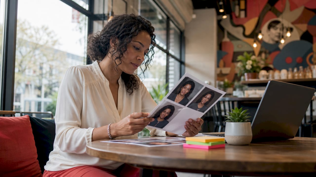 Professional woman reviewing headshots at desk