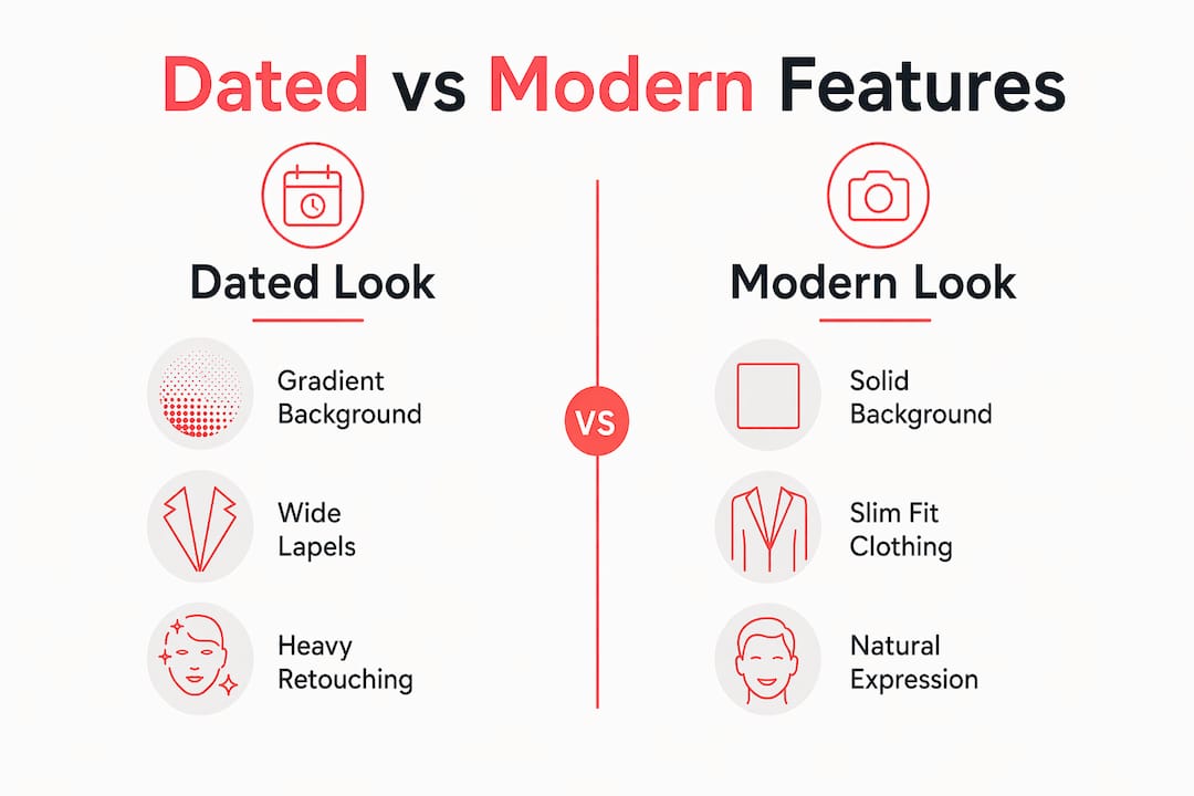 Infographic comparing dated and modern headshot features