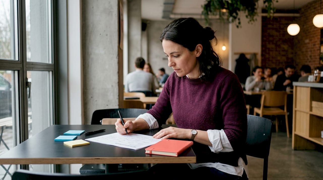 Consultant reviewing brand positioning worksheet