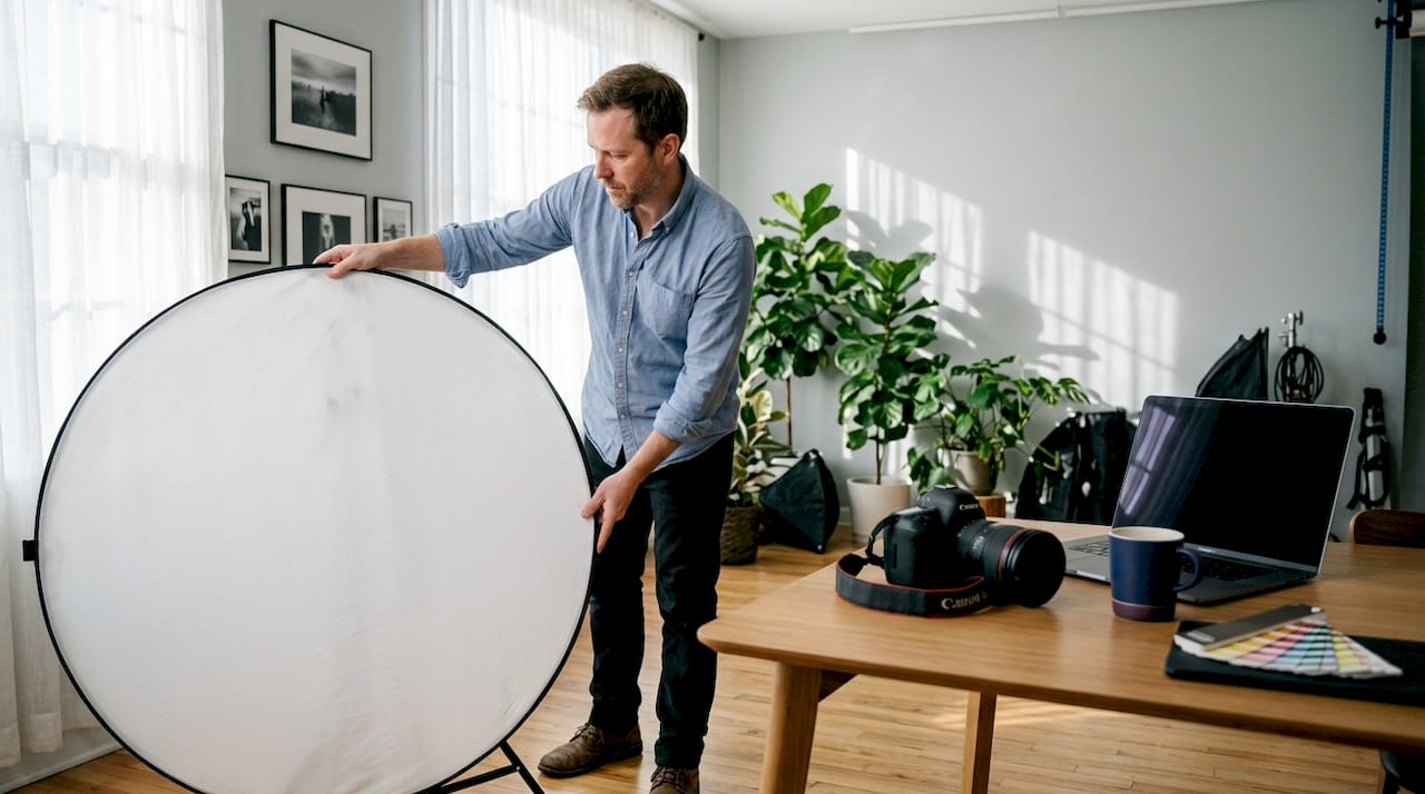 Man adjusting photo lighting reflector