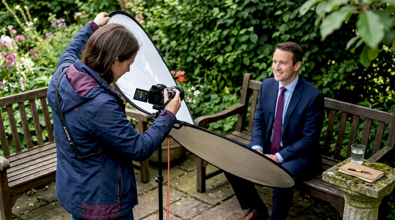 Photographer capturing a speaker headshot in studio