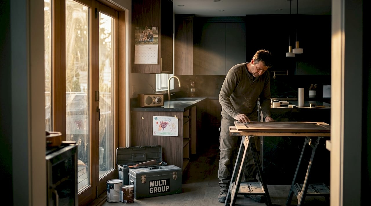 Tradesperson sanding cabinet doors during kitchen renovation