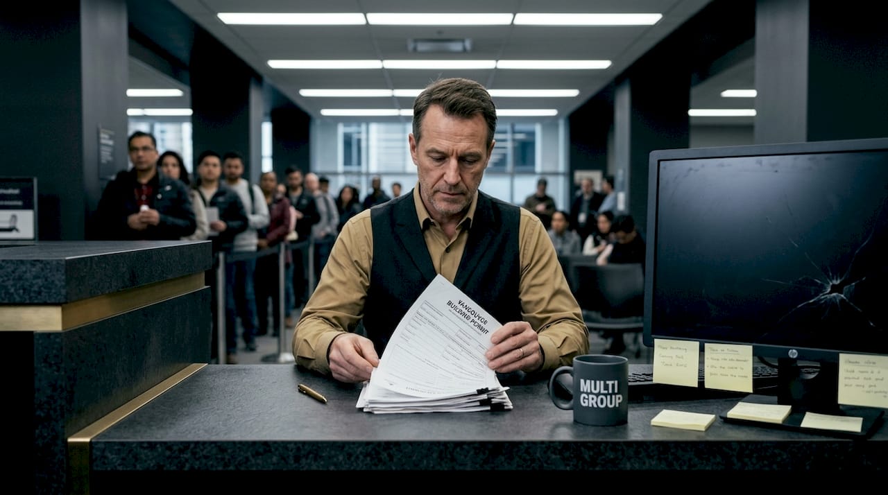 Permit coordinator sorts documents in city office