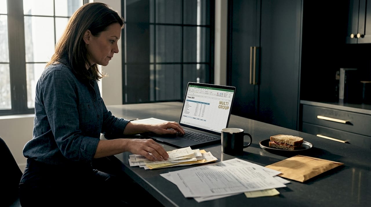 Business owner organizing tax documents at kitchen island