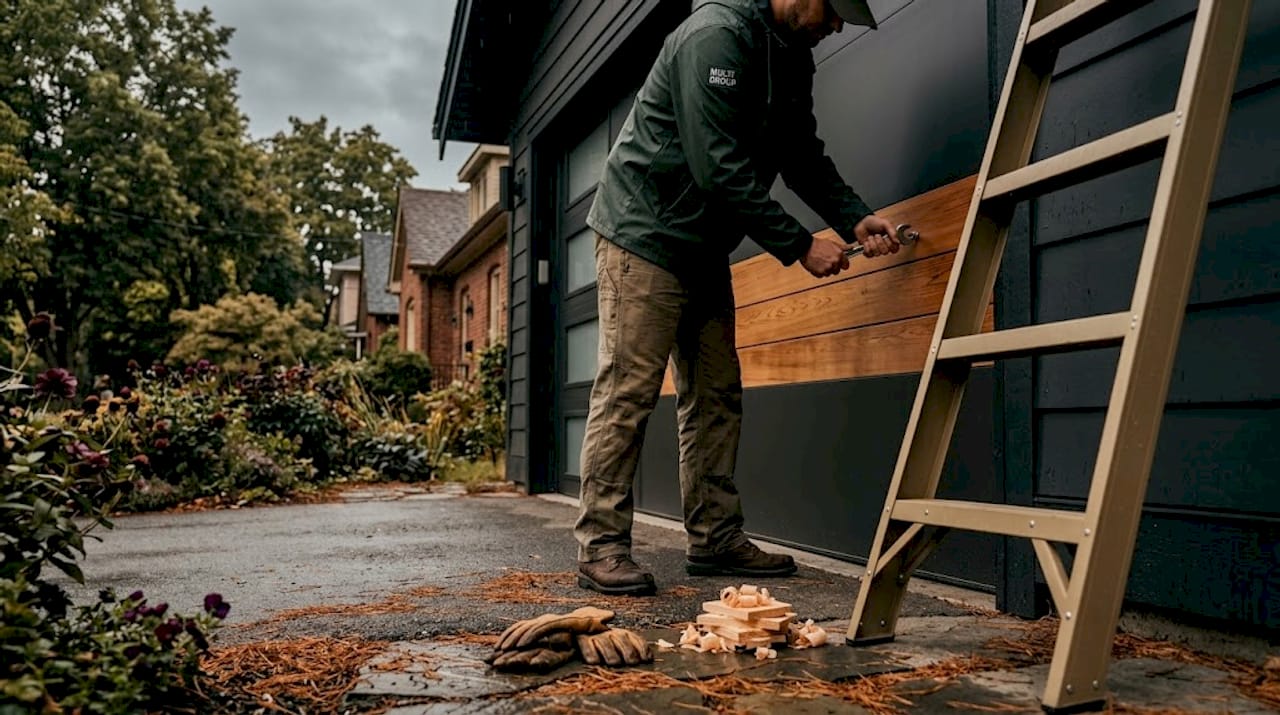 Contractor working on garage door in rain