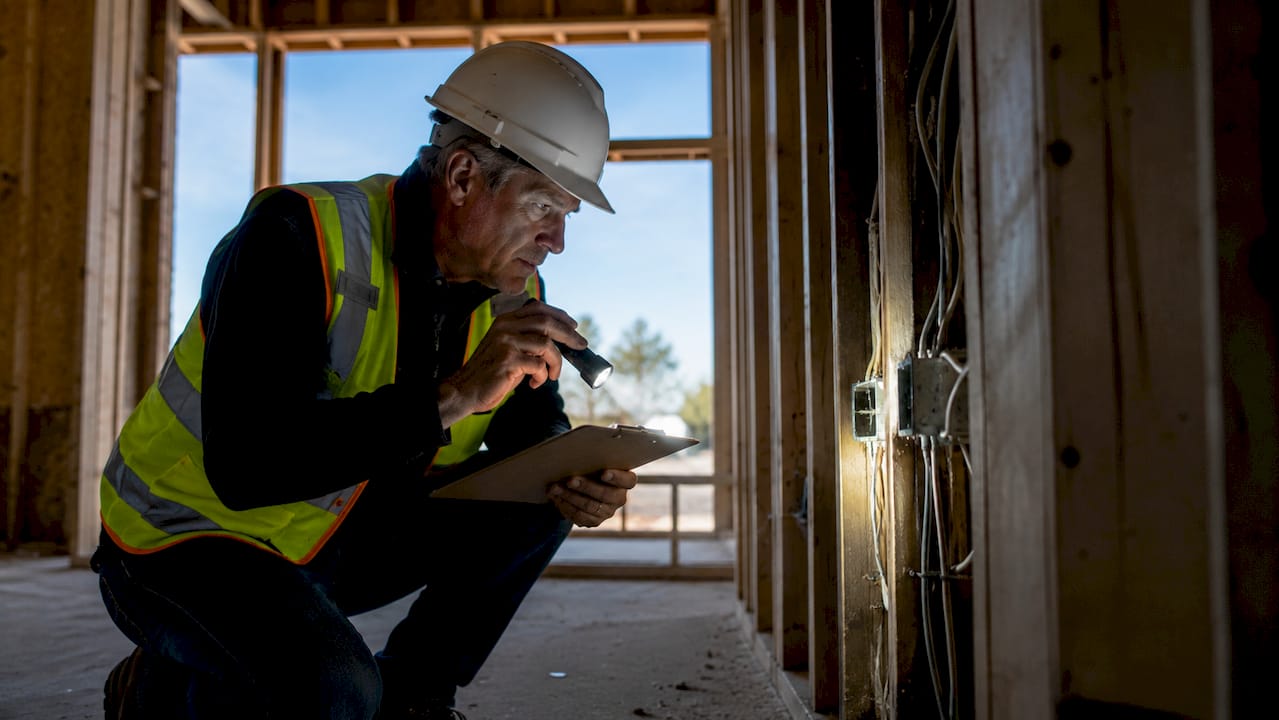 Inspector checking electrical wiring on renovation site