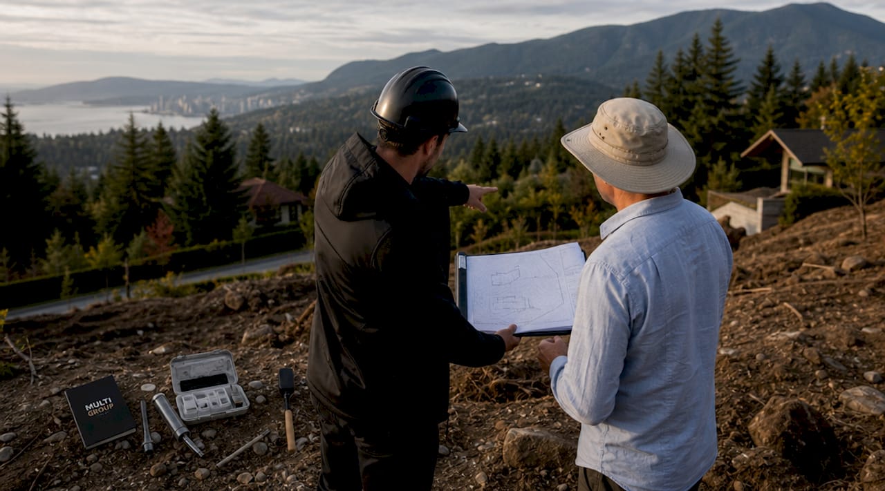 Builder and homeowner surveying custom home lot outdoors