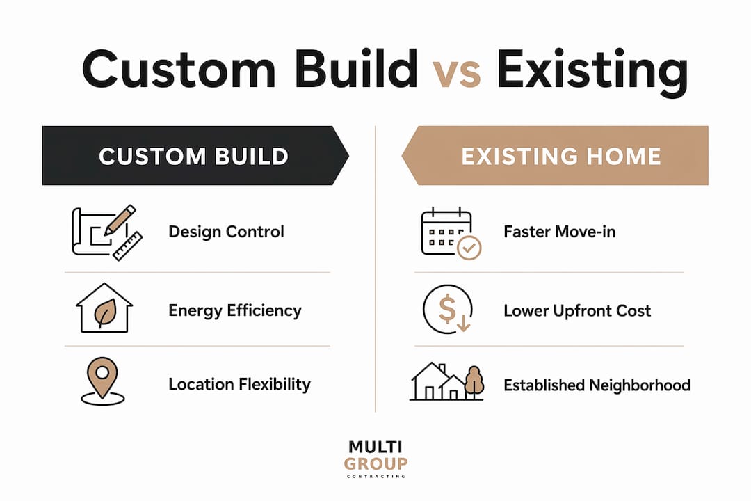 Infographic comparing custom builds and existing homes advantages