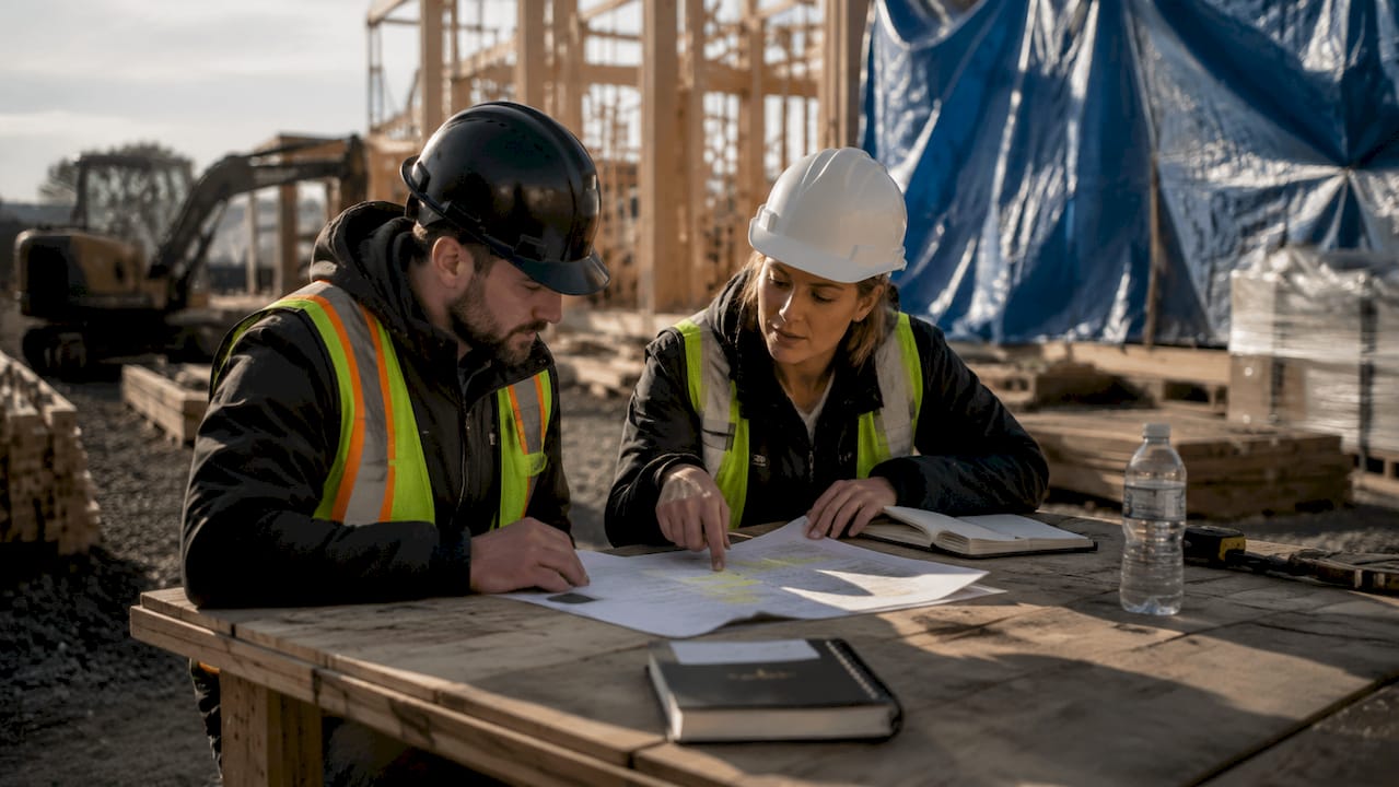 Two contractors reviewing scheduling checklist together