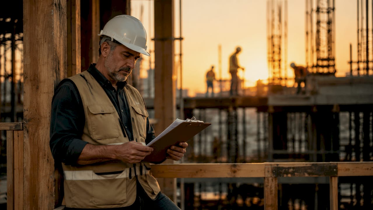 Construction manager reviewing testimonials onsite