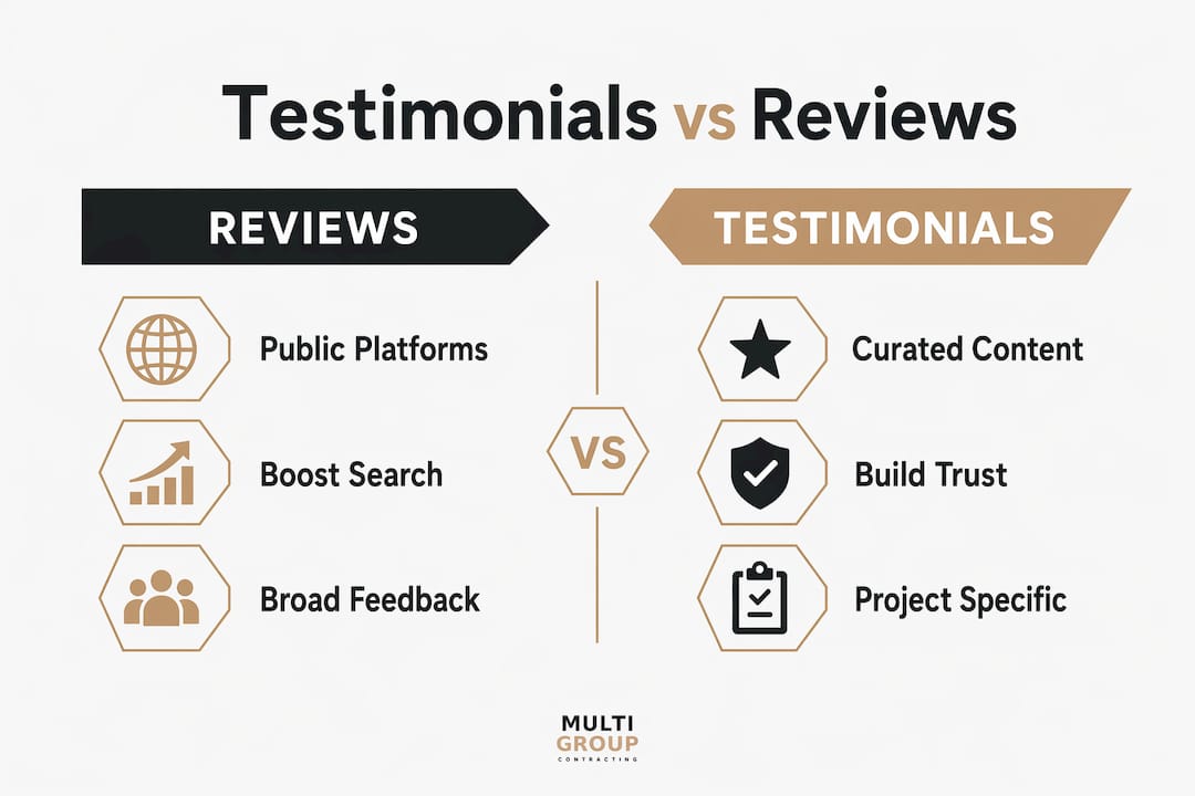 Infographic comparing testimonials and reviews in contracting