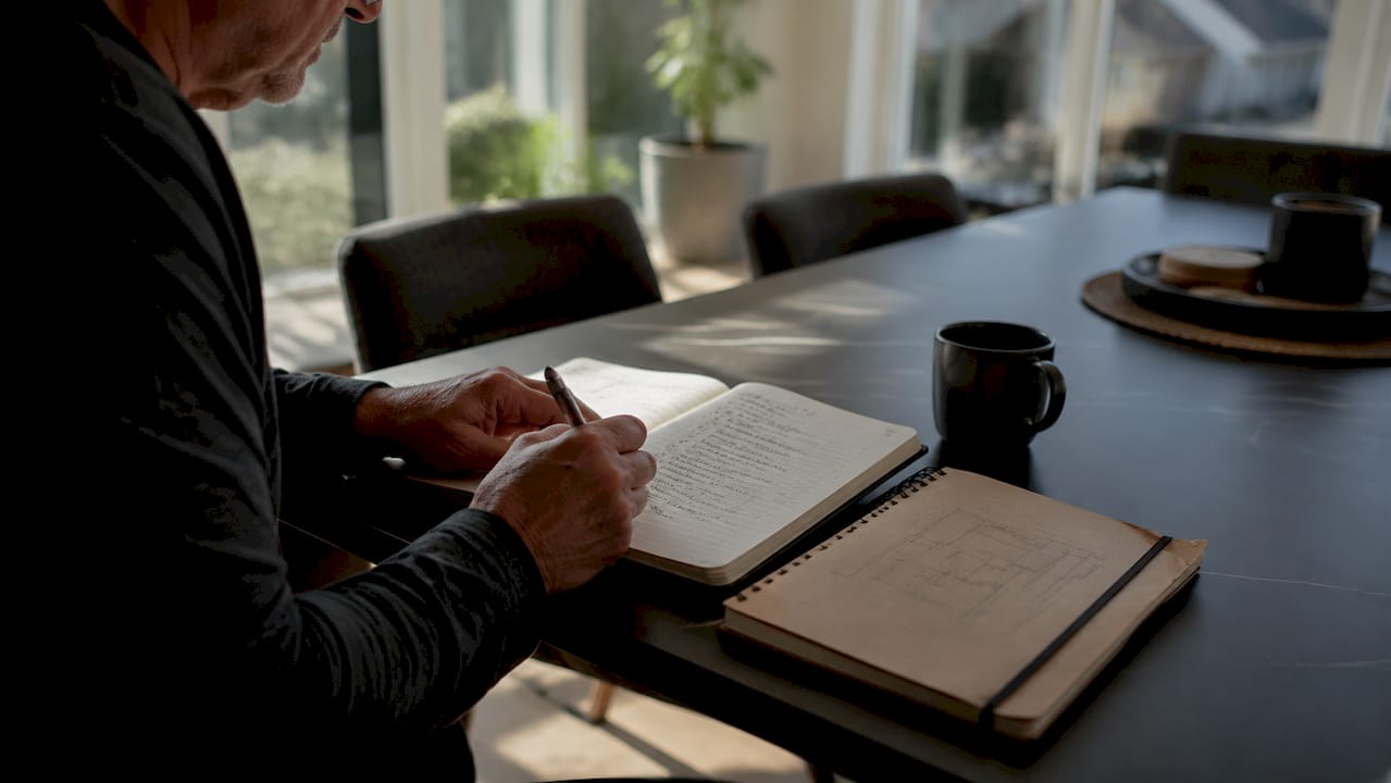 Hands writing home repair log at kitchen table
