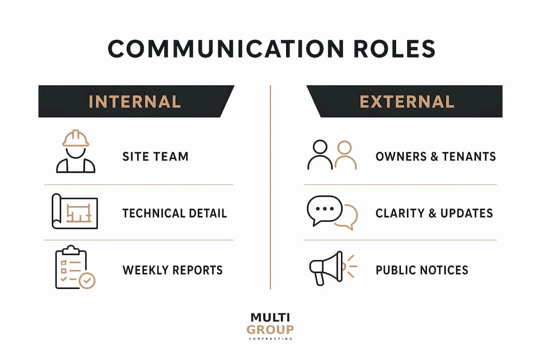 Infographic comparing internal and external communication roles