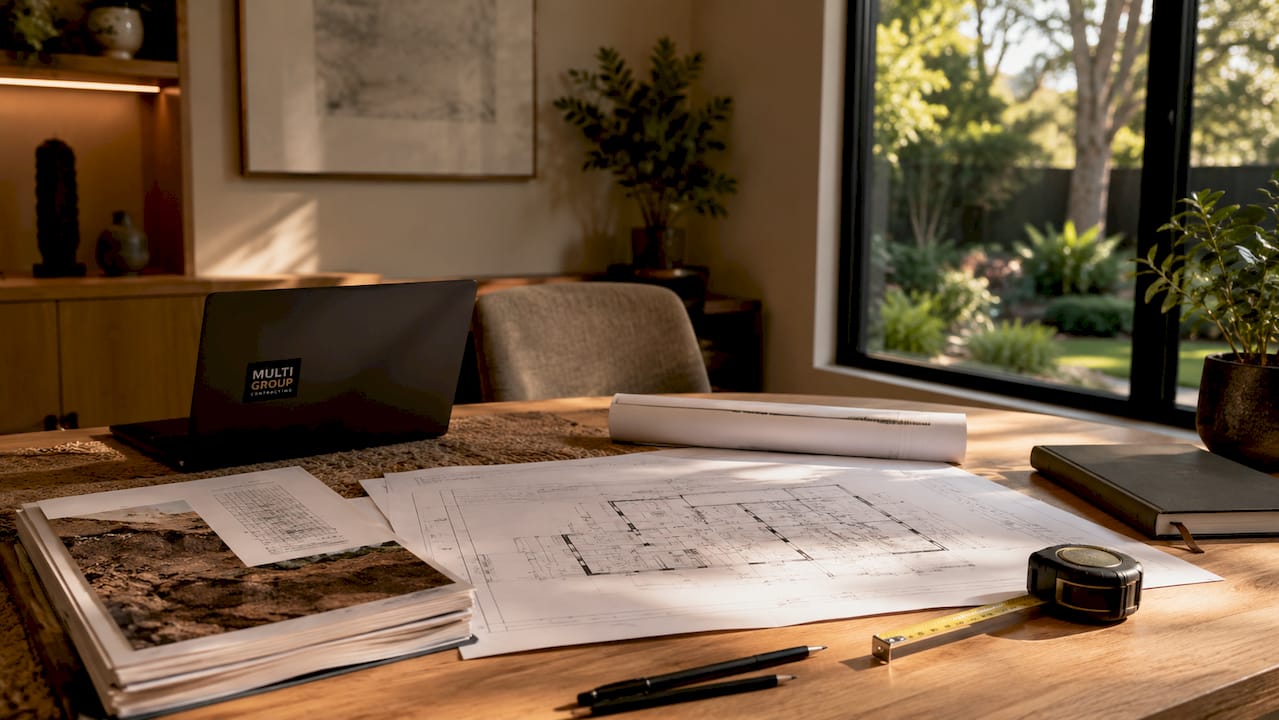 Hands arranging blueprints and soil reports on dark desk