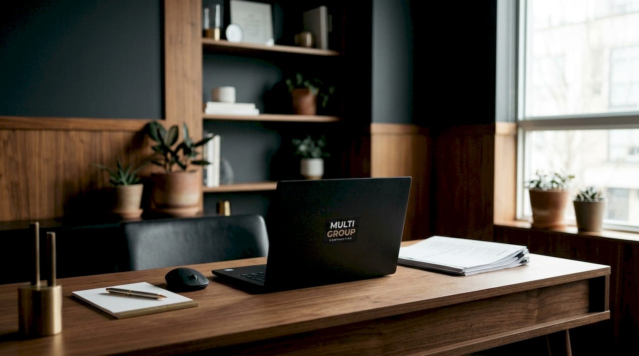 Modern office workspace with scheduling technology