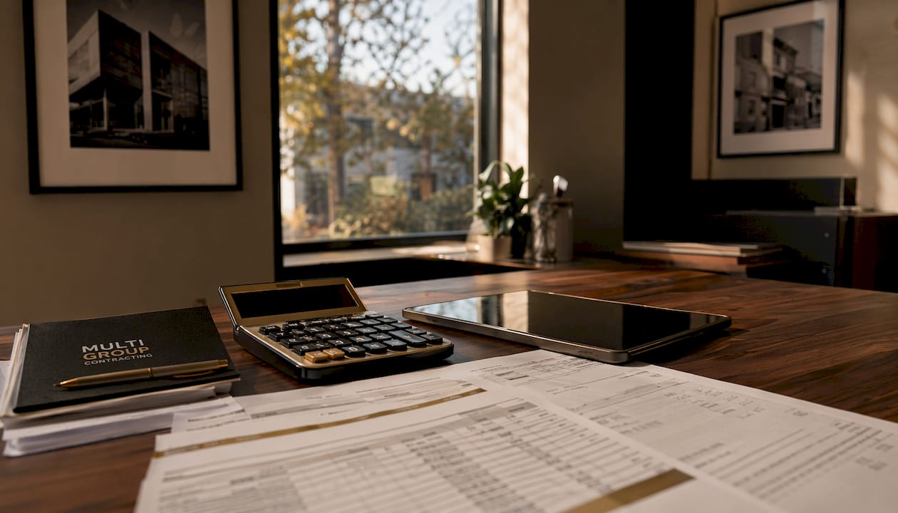 Calculator and budget sheets on steel desk in warehouse office