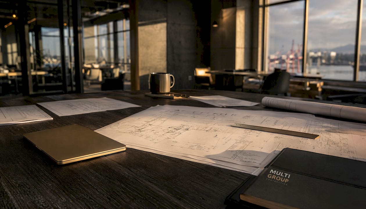 Dark modern contractor desk with blueprints