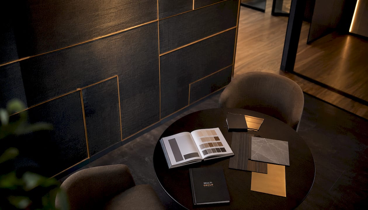 Finished office corner with brand identity finishes samples