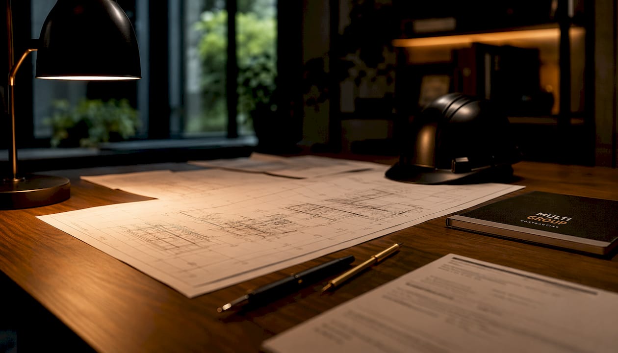 Blueprints and permits on black drafting table