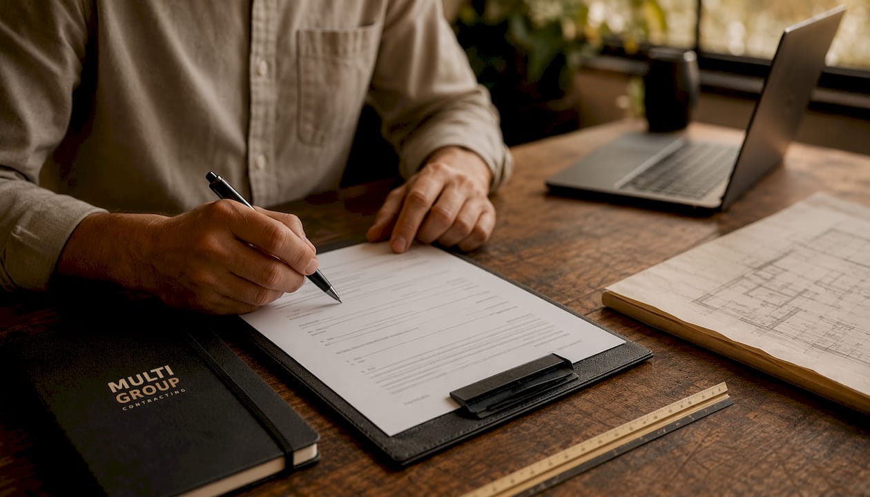 Close-up of contract signing at modern contractor office