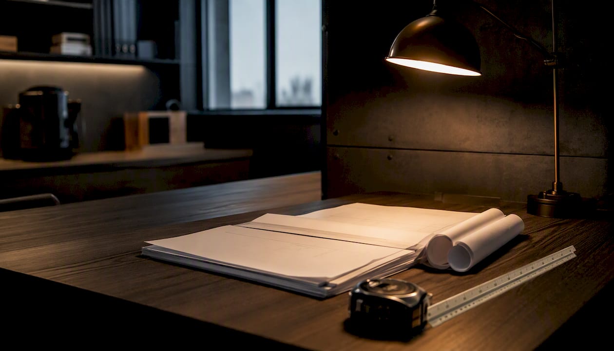 Architectural permit drawings on desk with lamp