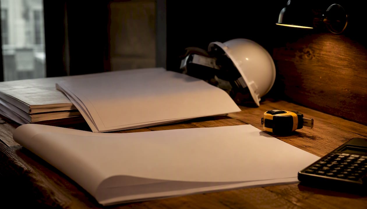Architectural drawings and reports on site desk