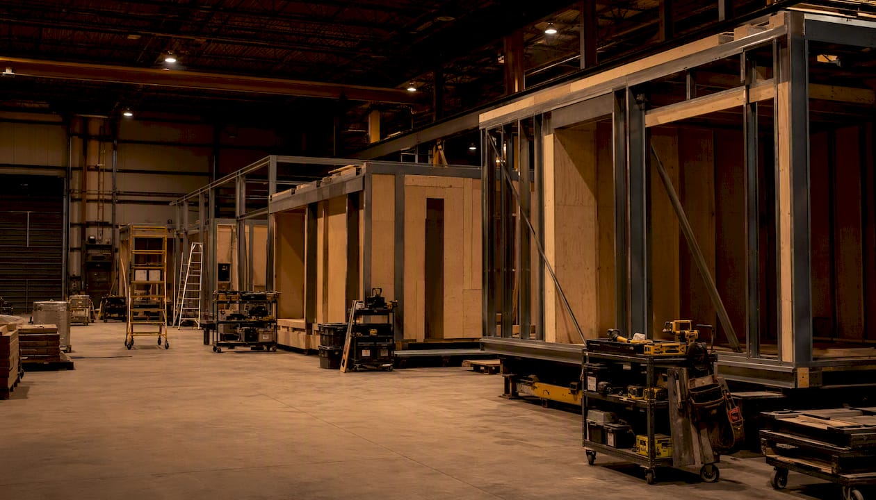 Prefabricated construction modules in factory