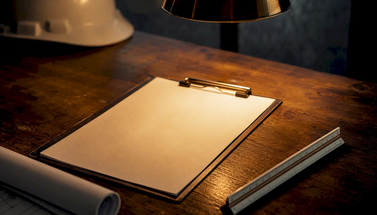 Construction permit checklist and tools on dark surface