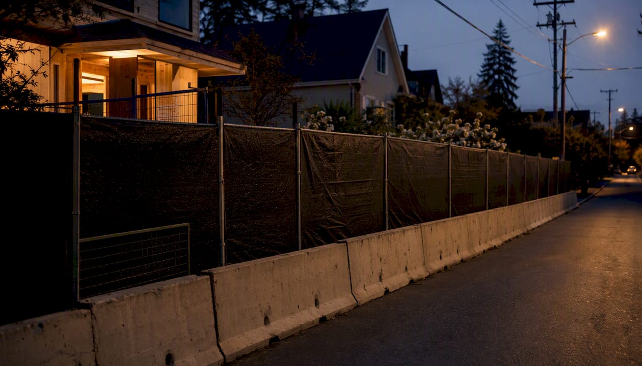 Construction site with noise barriers and lighting at dusk