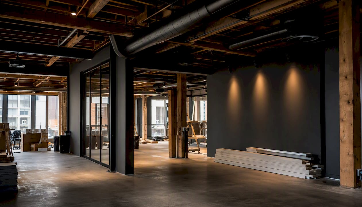 Office interior with HVAC ducts during fit-out