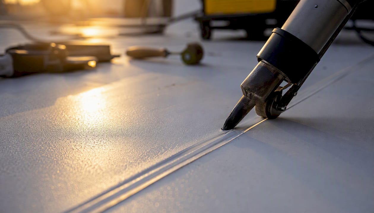 Close-up of TPO seam welding process
