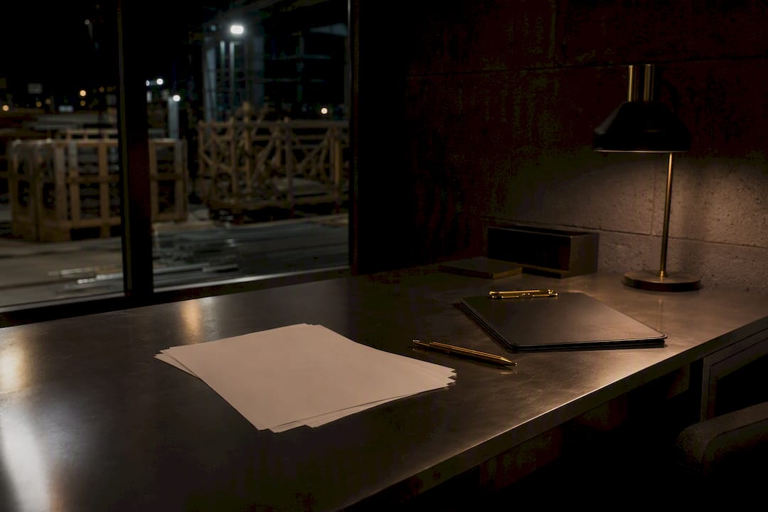 Construction site office with permits and clipboard