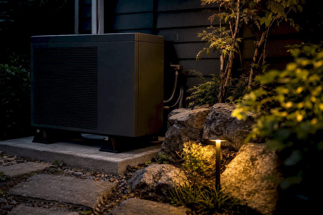 Heat pump outdoor unit installation site at twilight