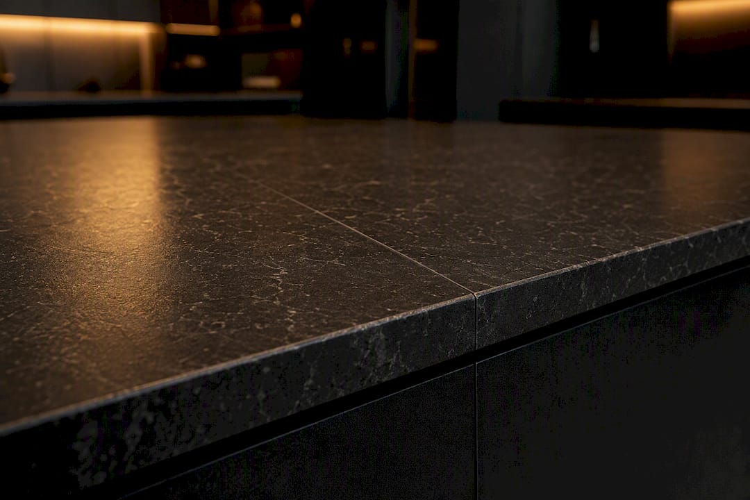 Close-up engineered quartz slab seam