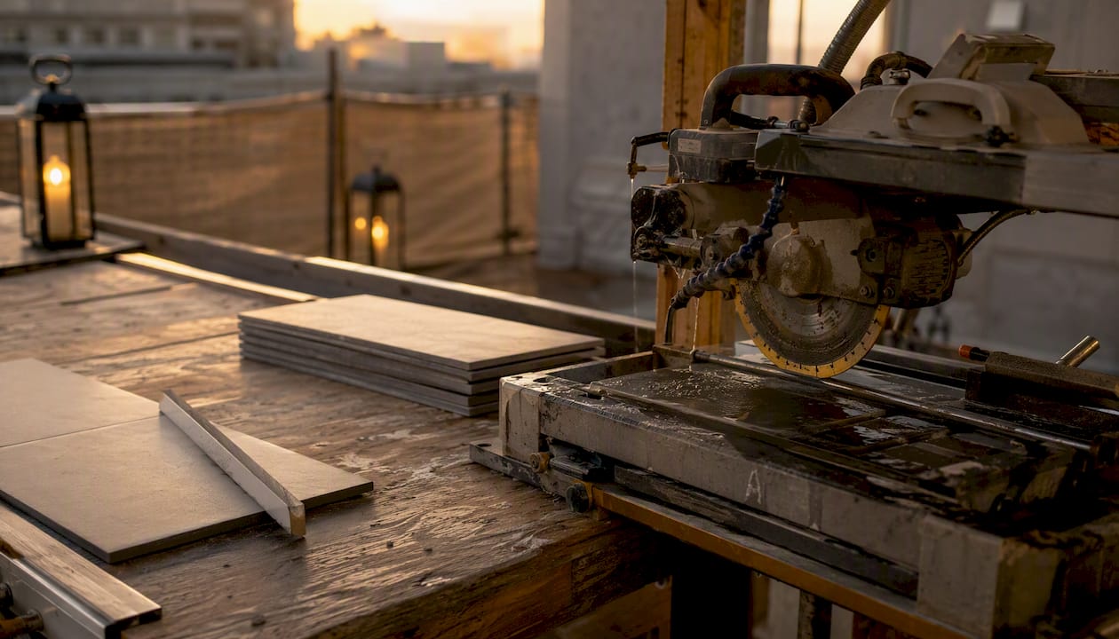 Tile cutting station in commercial build-out
