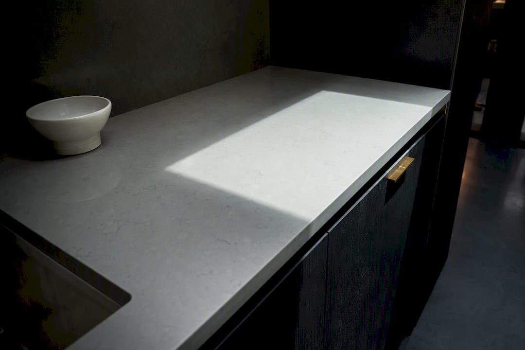 Quartz counter beneath a commercial skylight