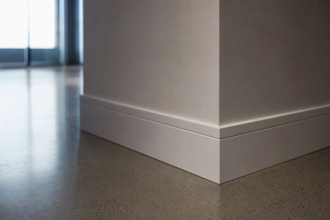 Repaired commercial wall corner and baseboard