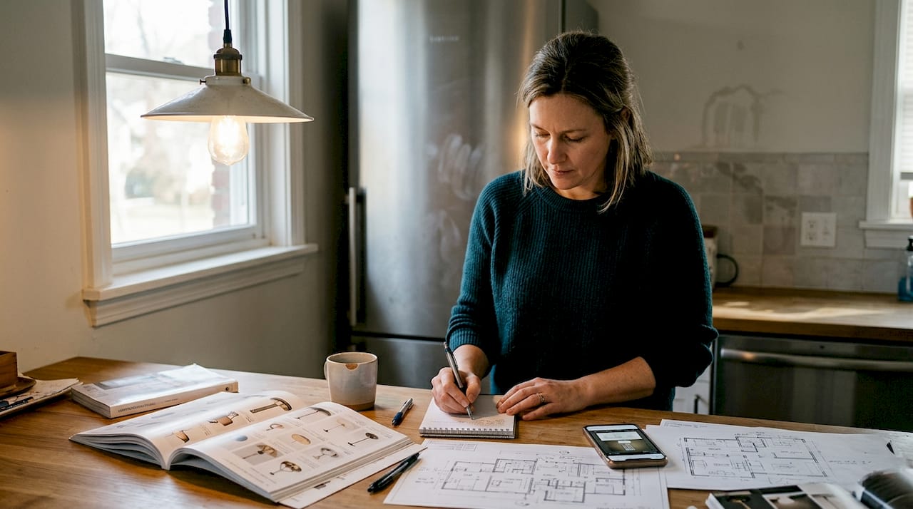 Layer lighting at home for modern style: a guide 3 Woman planning lighting at kitchen counter
