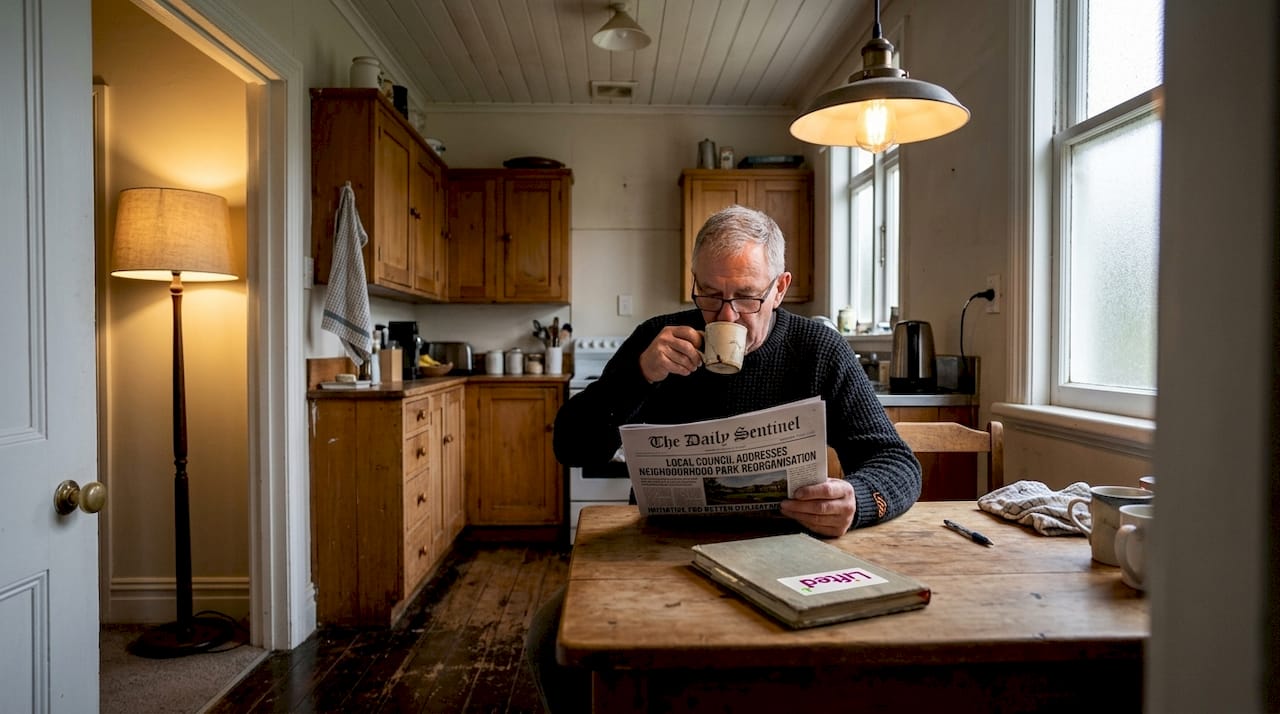 Mood lighting for vibrant New Zealand homes: 2026 guide 3 Man reading in layered-lit New Zealand kitchen