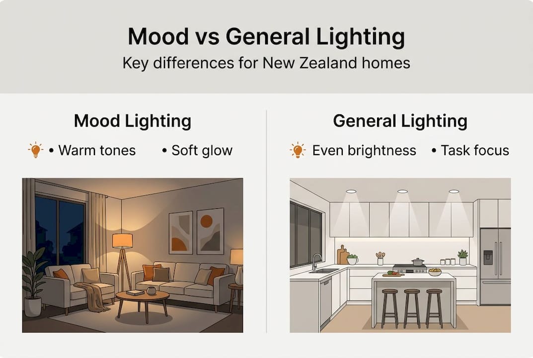 Mood lighting for vibrant New Zealand homes: 2026 guide 2 Infographic comparing mood and general lighting