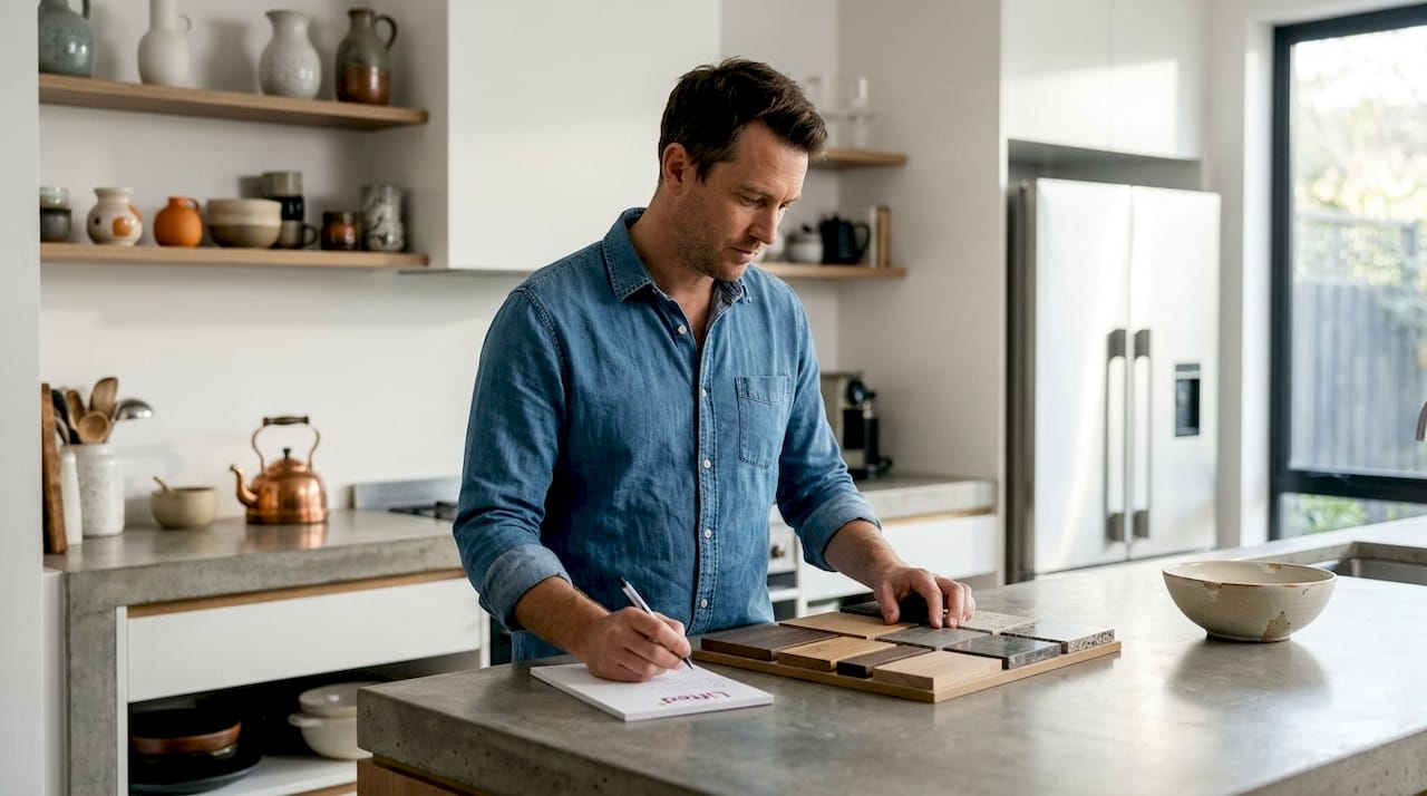 Modern interior design: a guide to timeless, vibrant homes 2 Examining material samples in modern kitchen