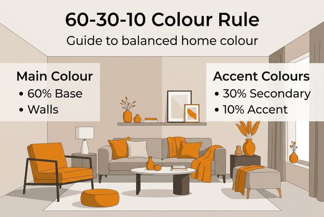Interior styling for vibrant NZ homes: A practical guide 3 Infographic diagram of the 60-30-10 colour rule