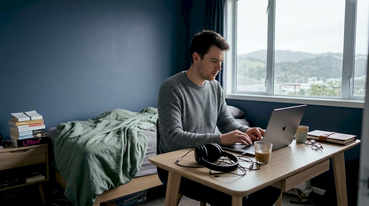 How furniture shapes your home's ambiance and mood 2 Man working in cool-toned bedroom workspace