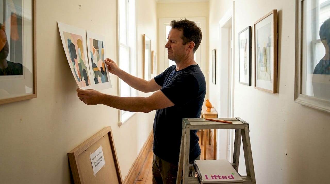Master wall art curation for striking NZ interiors 3 Man choosing art for hallway gallery wall