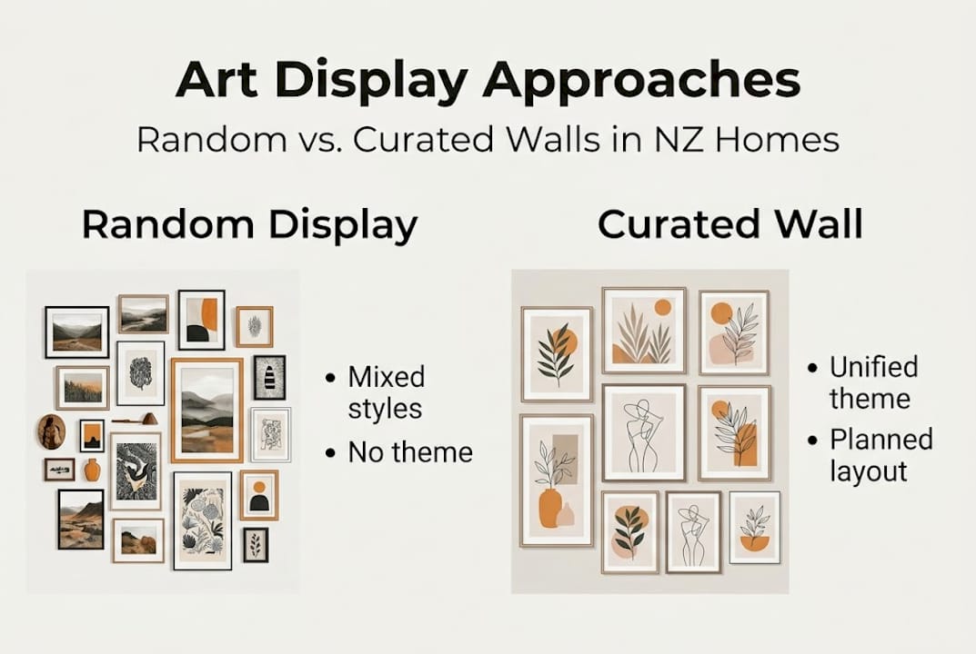 Master wall art curation for striking NZ interiors 2 Infographic comparing random and curated art displays
